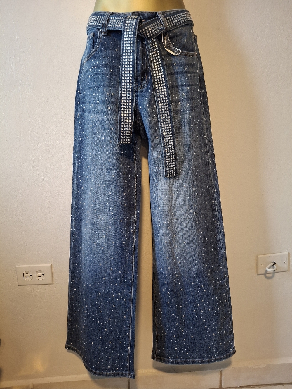 Wide Leg Embellished Blue Jeans